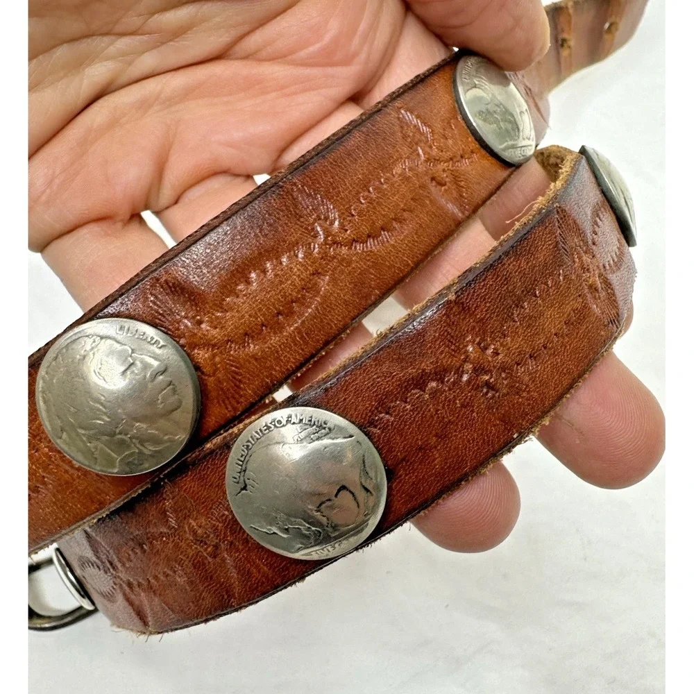 Buffalo Head Nickel Youth Belt 28 Handcrafted Brown Leather Tooled Western Vtg
